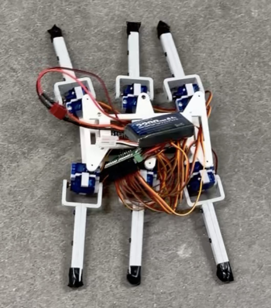 WALTER, a white 3D-printed six-legged robot with servo motors and onboard electronics